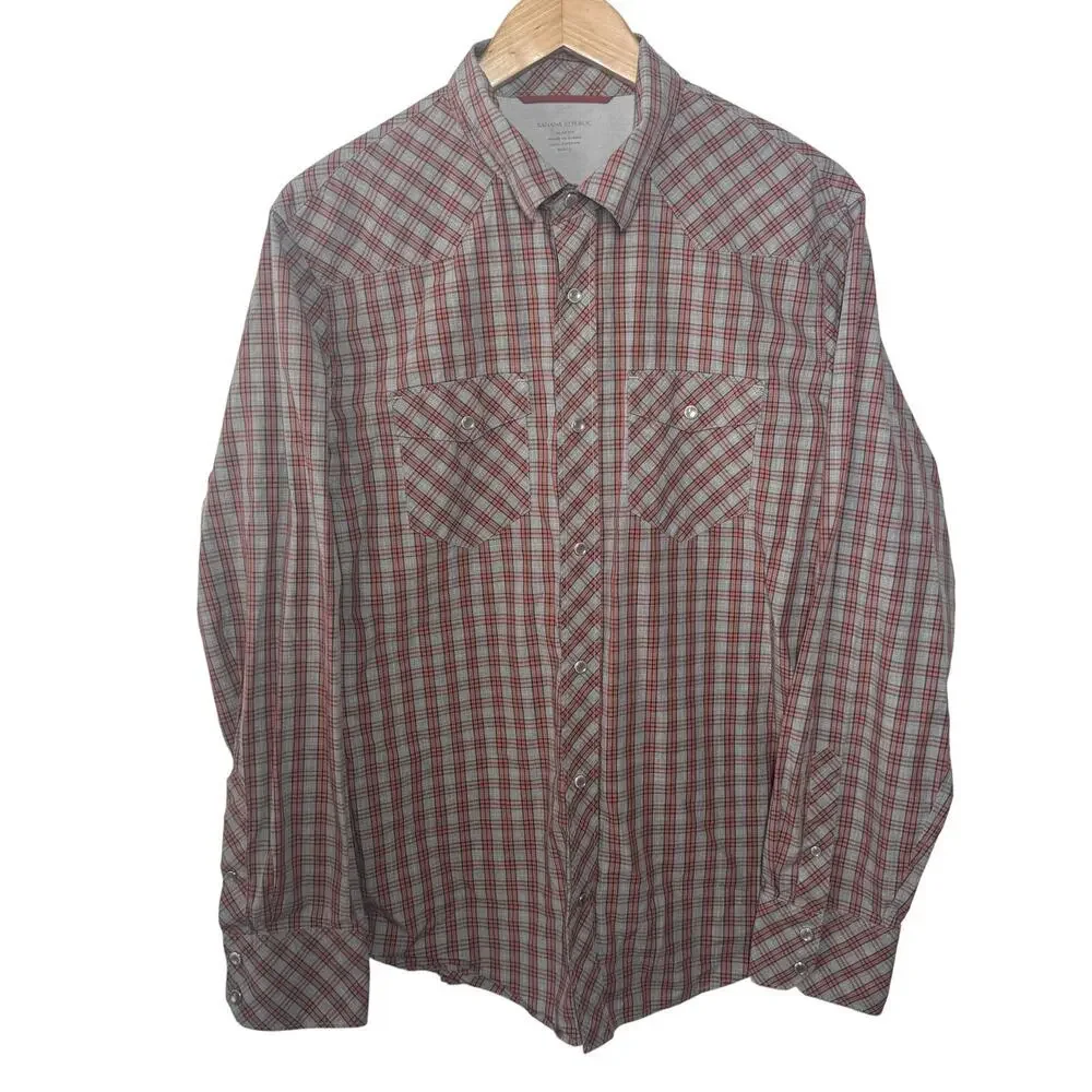 Banana Republic Shirt Men Size L Plaid Slim Fit Pearl Snap Button Up Long Sleeve